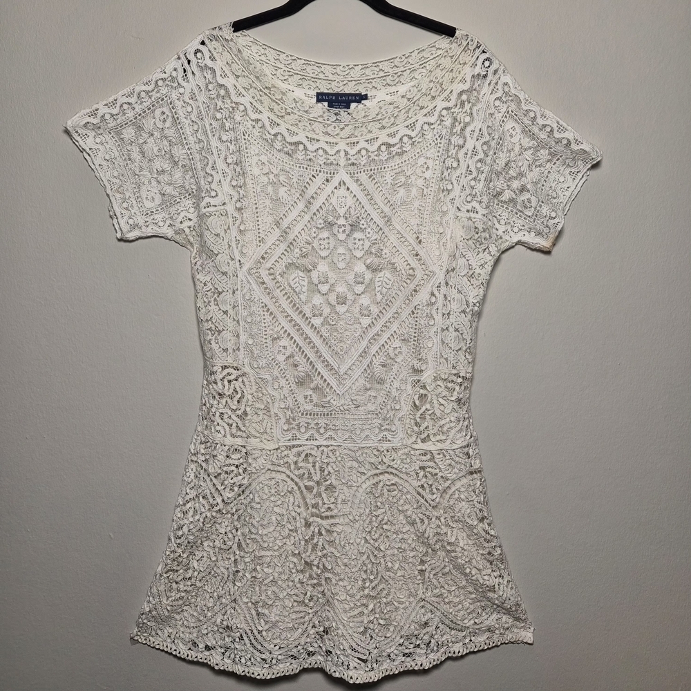 Ralph Lauren RARE Prarie Cottagecore Lace Crotchet White Mini Dress With Slip S